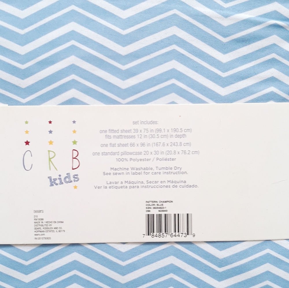 CRB Kids Printed Chevron 3-Piece Microfiber Twin Sheet Set - Blue and White - Picture 7 of 10